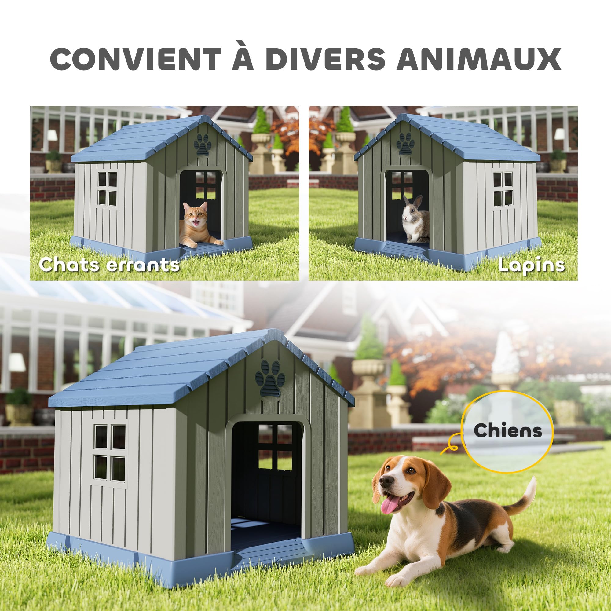 PawHut Niche pour Chien extérieur en polypropylène imperméable, ventilé, Ultra Facile à Assembler, Maison Chien extérieur, Plancher surélevée et bouches d'aération, Jardin, terrasse, intérieur, Gris