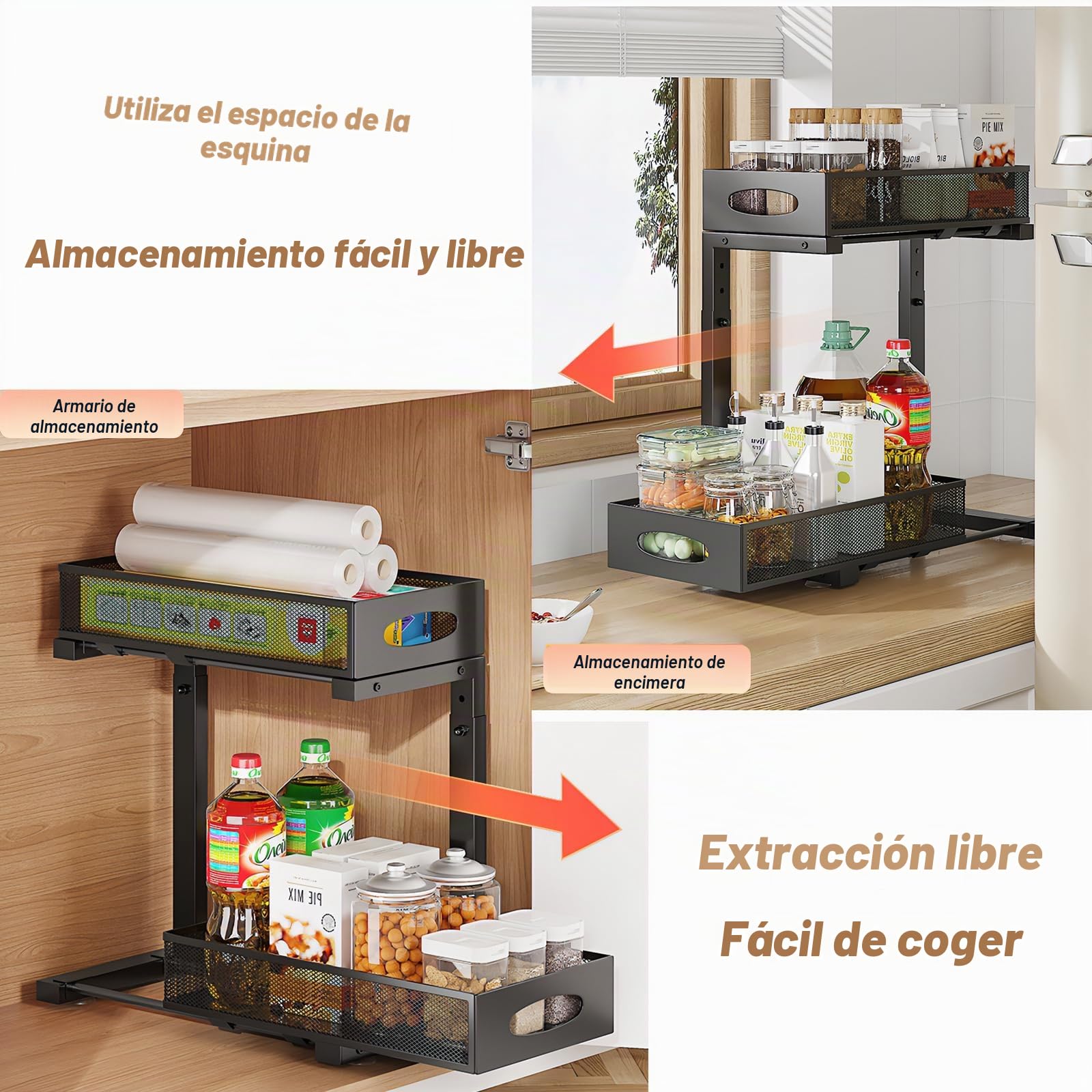 Organizador Bajo Fregadero Extraíble Ajustable 5 Niveles - Estantería de Acero Carbono para Cocina/Baño (29.5-43cm), 2 Capas Deslizantes, Almacenamiento Esquina/Lavabo