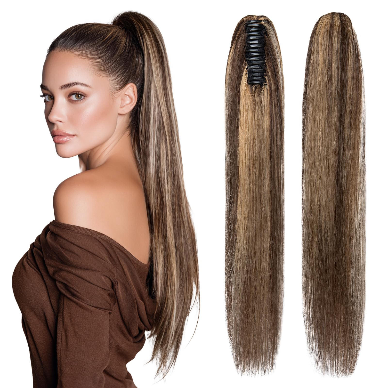 SEGOHAIR Human Hair Claw Clip Ponytail Extension 100% Real Human Hair Clip-In Extensions for Women Long Straight Pony Tails 22 Inches 120g #4P27