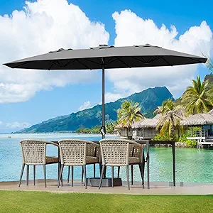 Large Patio Umbrella with Base Included, Double-Sided Rectangle Market Umbrella with Cross Base and Sandbag for Pool Lawn Garden (Grey, 15FT)