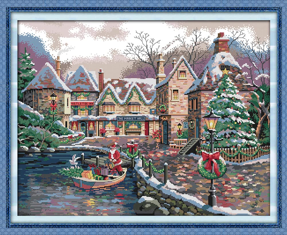 OWN4B Cross Stitch Kits Pre Printed, Christmas Town Stamped Pattern 11CT 30.3x24.4 inch DIY Embroidery Kit (Town) — image 1
