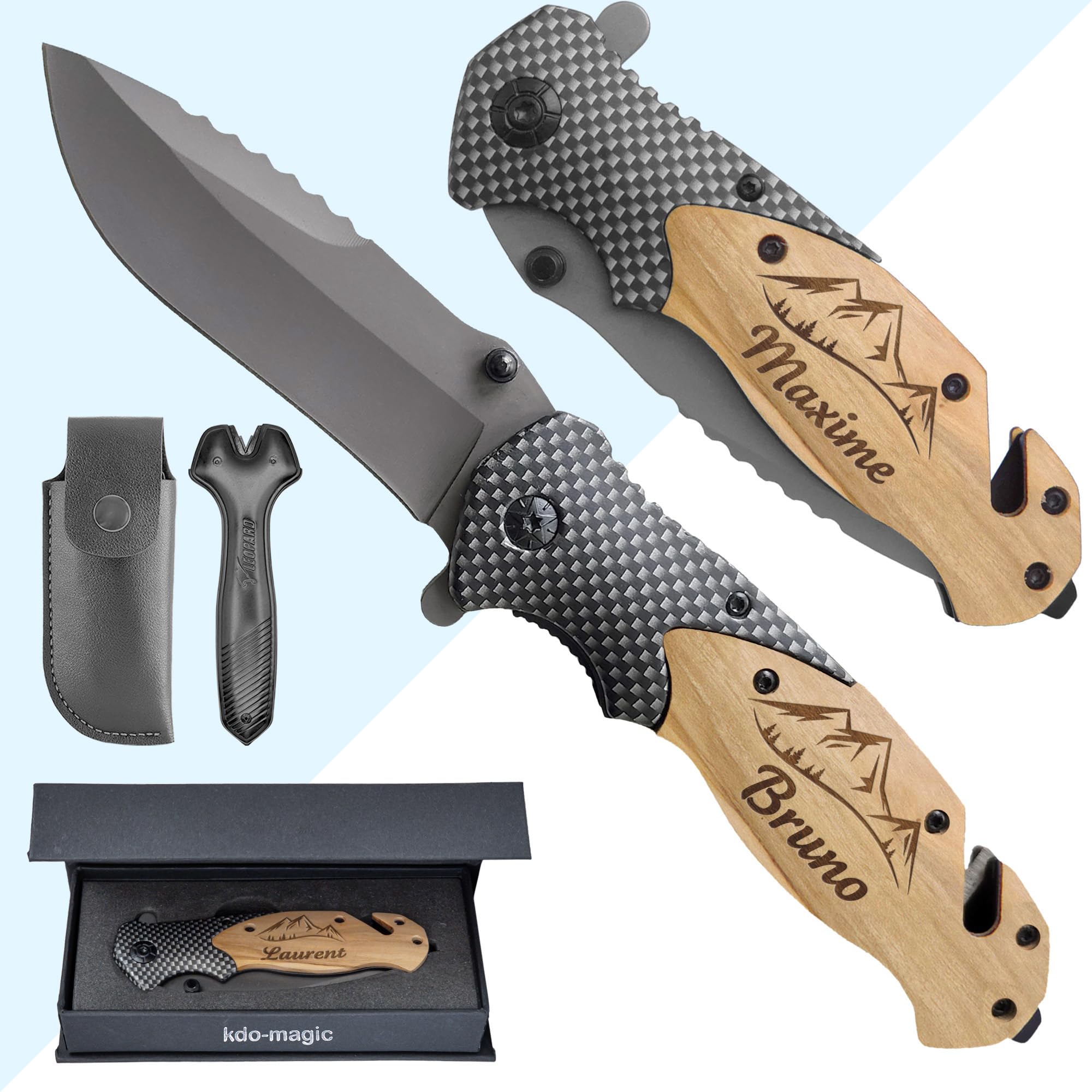 Couteau de survie personnalisé gravé avec prénom - Lame sécurité personnalisable - Manche en bois - Effet carbone - Cadeau Saint-Valentin homme