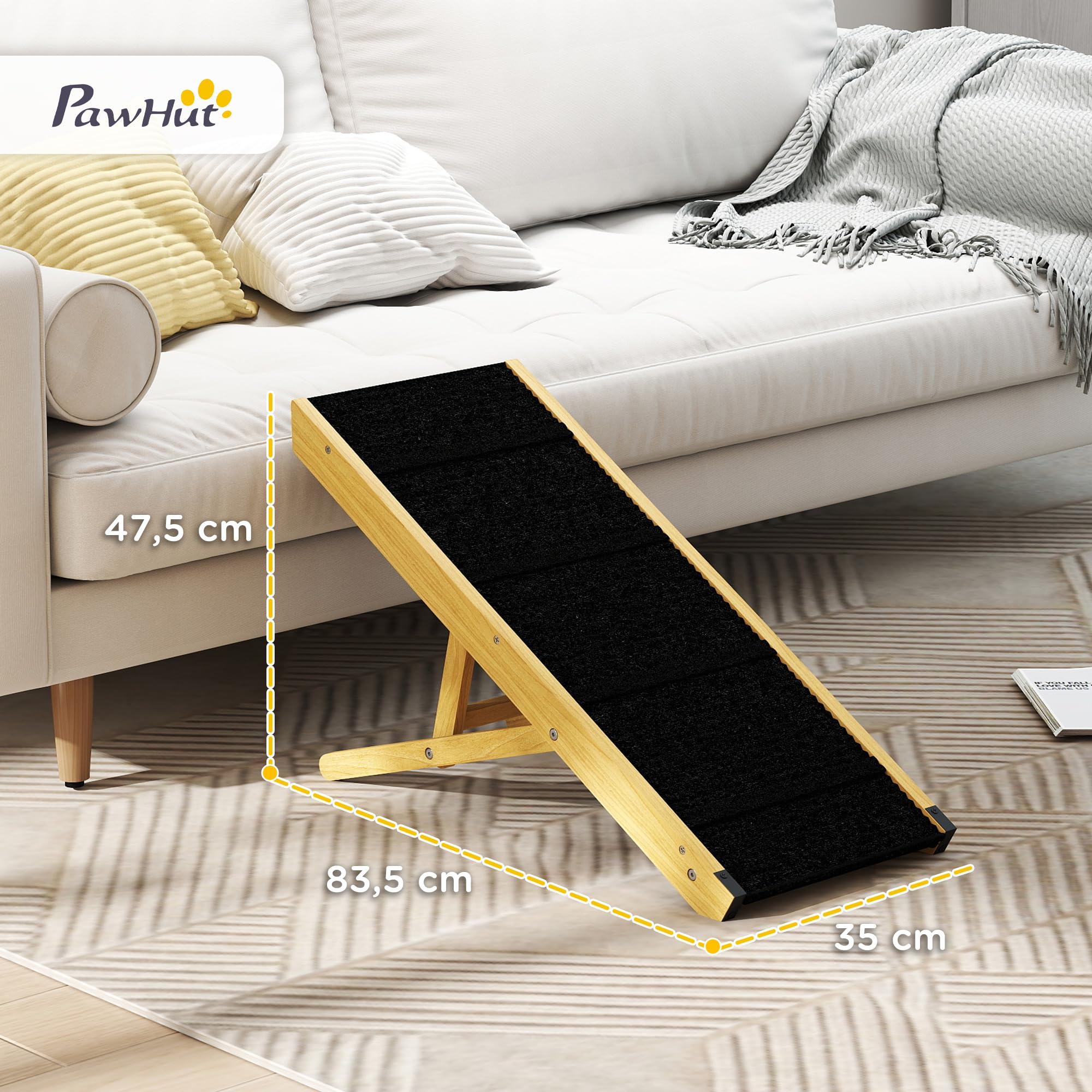 PawHut Rampa para Perros Plegable Rampa para Mascotas de Madera con Altura Ajustable en 4 Niveles para Perros Pequeños y Medianos 83,5x35x47,5 cm Natural