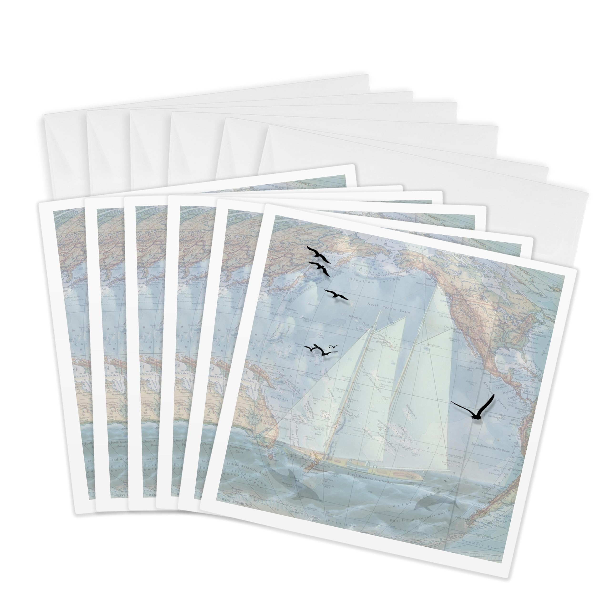 3dRose Vintage map and sailing ship with the ocean, seabirds and dolphins. Very masculine. - Greeting Cards, 6 x 6 inches, set of 6 (gc_127607_1)