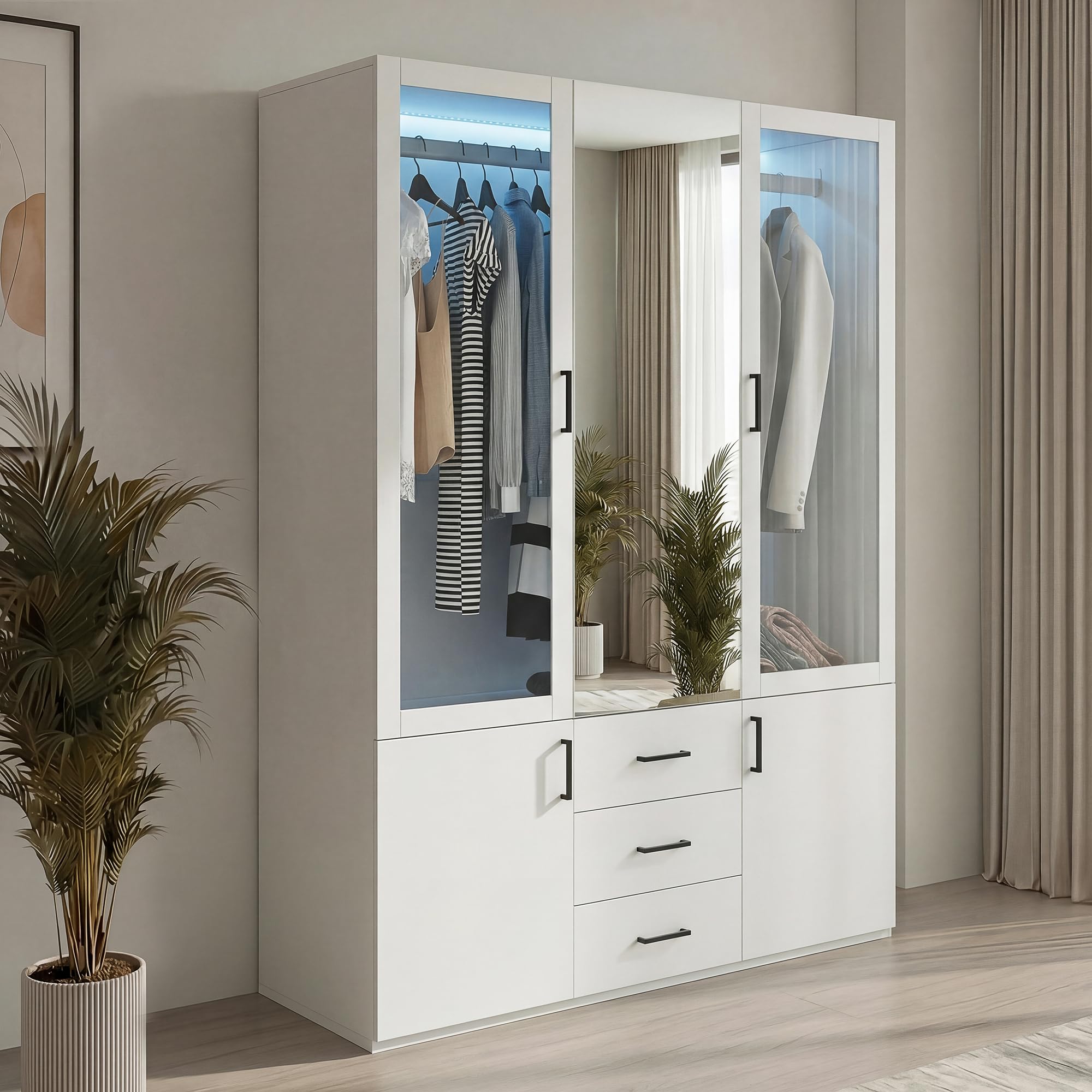 Armadio Guardaroba 2 Ante con LED e specchio, armadio camera da letto adulto con 2 ante in vetro e 3 cassetti, armadi multifunzione con asta per vestiti armadio portaoggetti per vestiti (bianco-3)