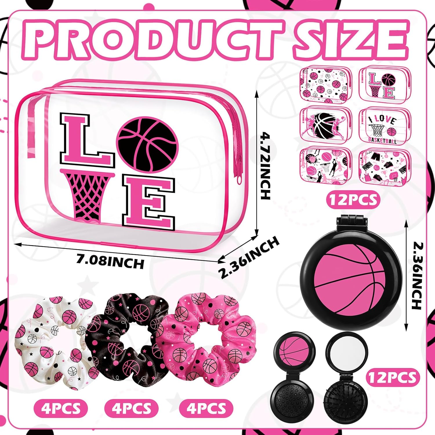 36 Pcs Pink Basketball Gifts for Women 12 Pink Basketball Makeup Bag Bulk Cosmetic Bag Sport Team Gifts with 12 Sport Hair Scrunchies 12 Round Portable Folding Brush Mirror for Coach Team