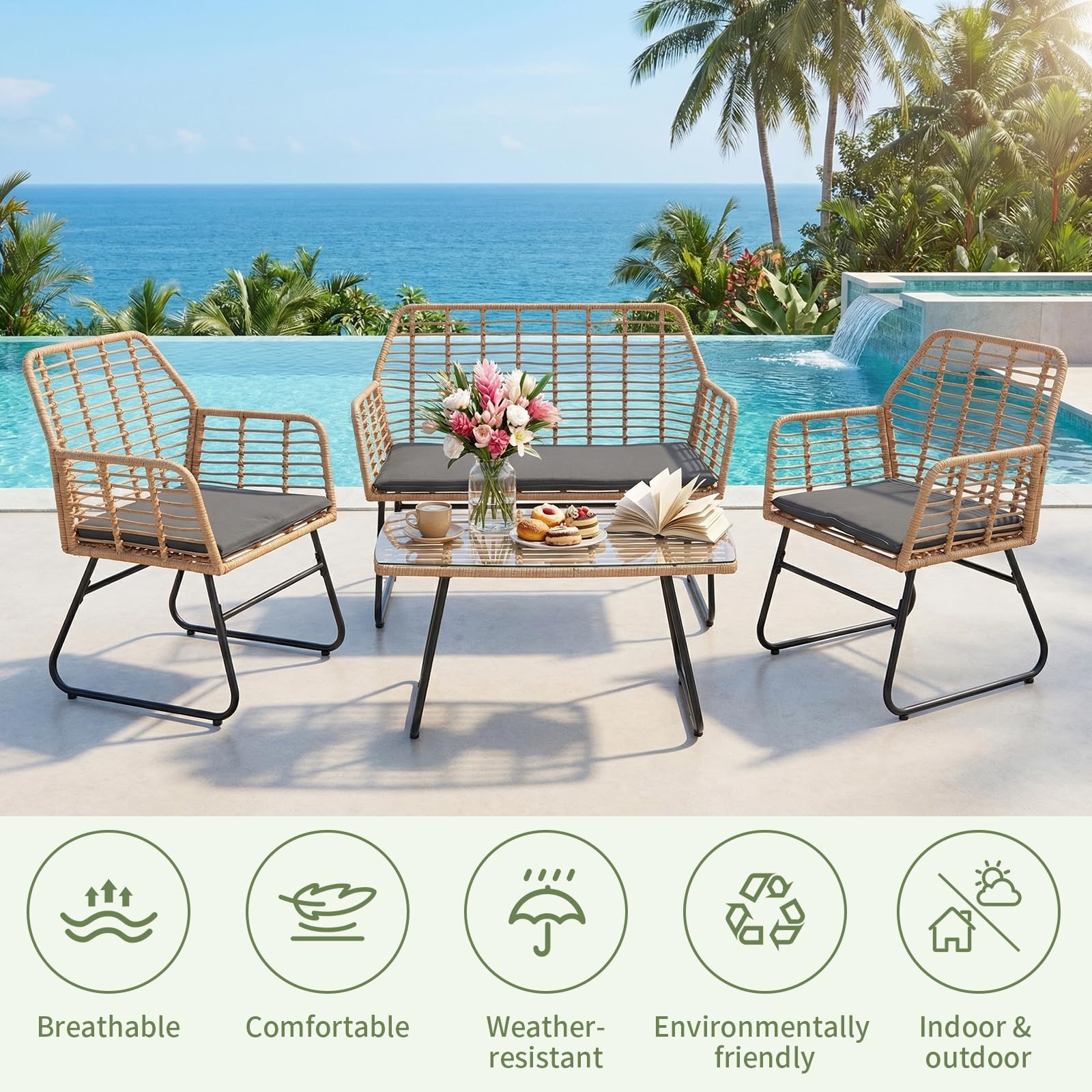 buybyroom Gartenmöbel-Set für den Außenbereich, 4 Personen, Rattan-Sessel, Tisch und Stuhl für den Außenbereich, inklusive 2-Sitzer-Sofa + 2 Sessel + 1 Gartentisch, abnehmbare Kissen