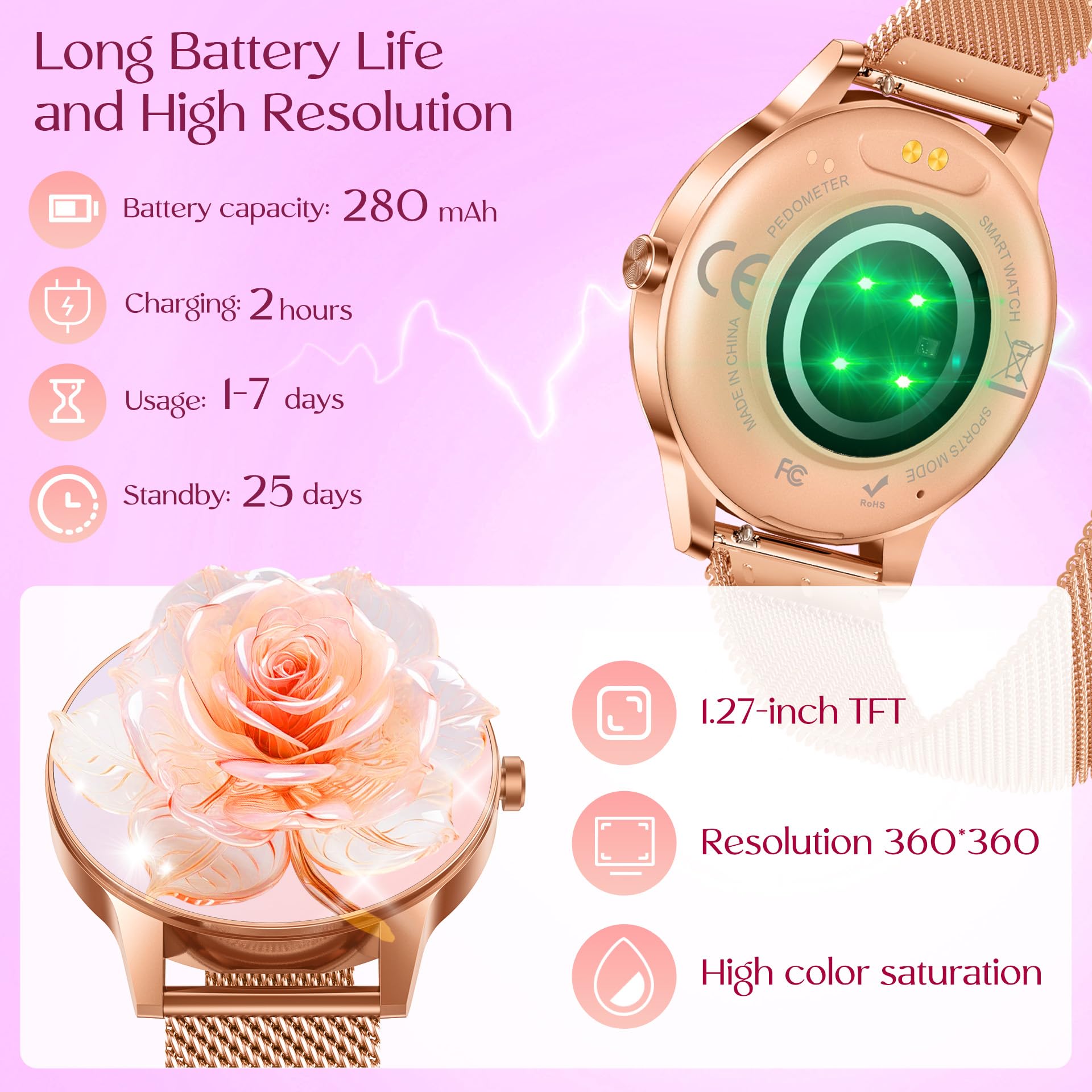 Smartwatch Donna Orologio Chiamate Bluetooth: 1,27" Tondo Touch Orologi Smart Watch da Impermeabile Sport Fitness Contapassi Cardiofrequenzimetro Pressione Caloriec Oro Polso per Android iOS Telefono