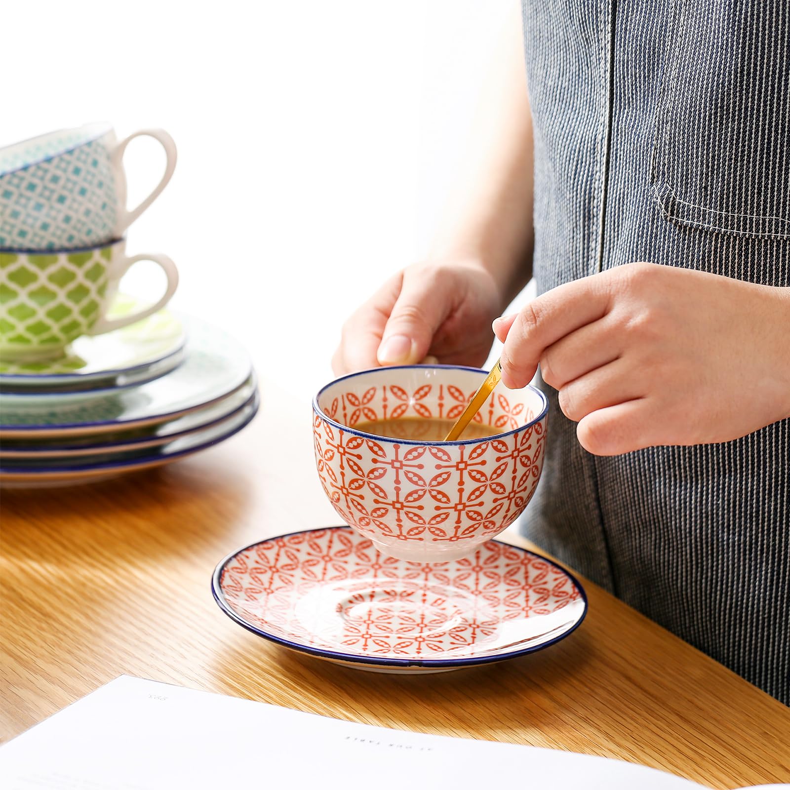 vancasso Zestaw 12 filiżanek i spodków do makaronu – wielokolorowy porcelanowy zestaw filiżanek do kawy i herbaty na śniadanie, popołudniową herbatę, marokański ręcznie malowany zestaw do kawy z