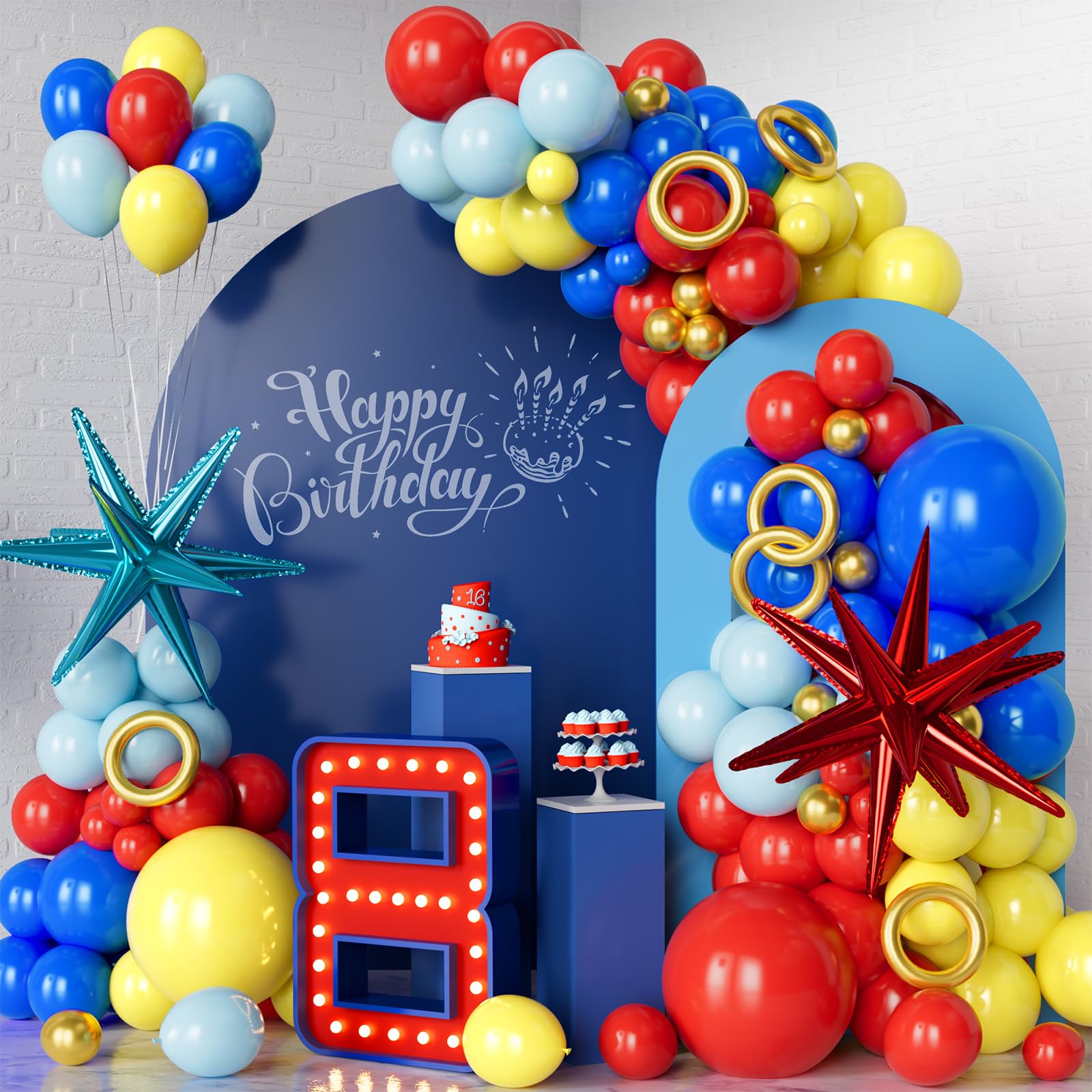Red Blue Yellow Balloon Arch Kit, 131 Pcs Carnival Circus Balloon Garland with Explosion Star Foil Balloons for kid video game Cartoon Hedgehog theme