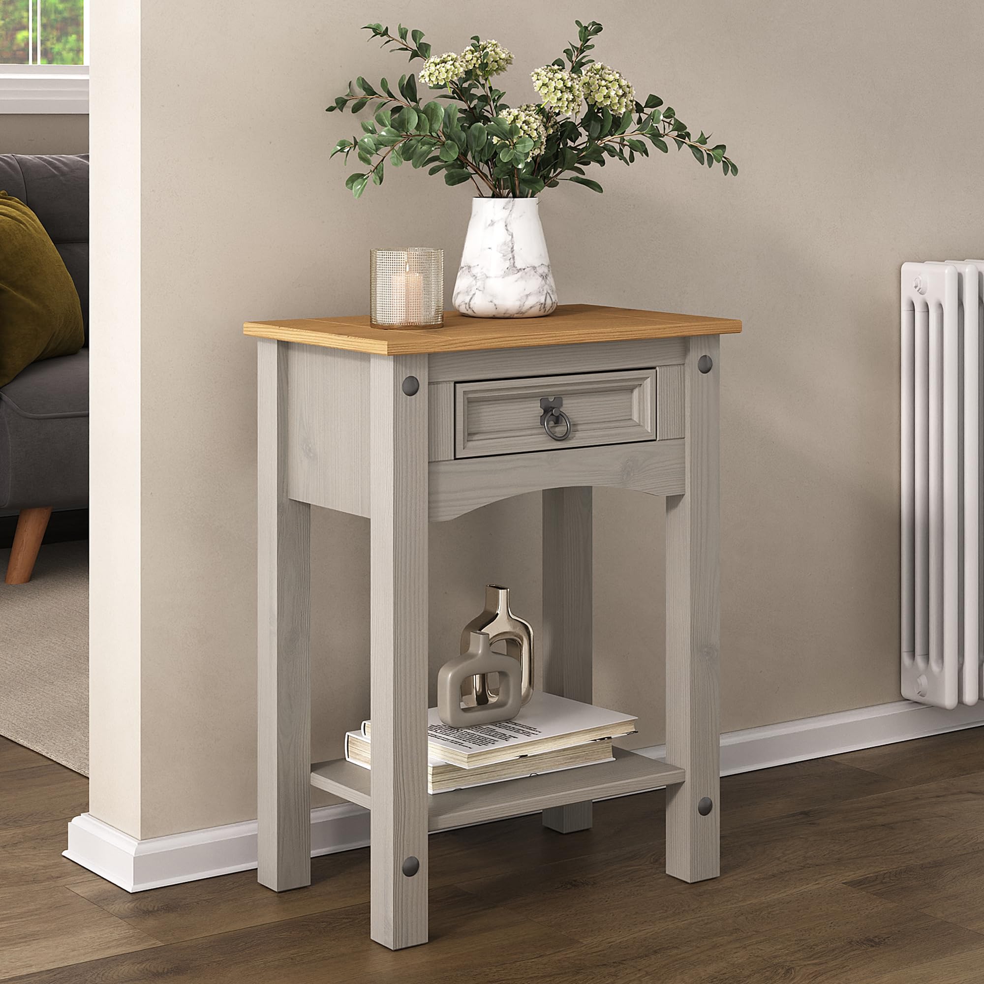 Mews Corona Console Table Grey 1 Drawer Mexican Solid Pine Hall End from B&Q