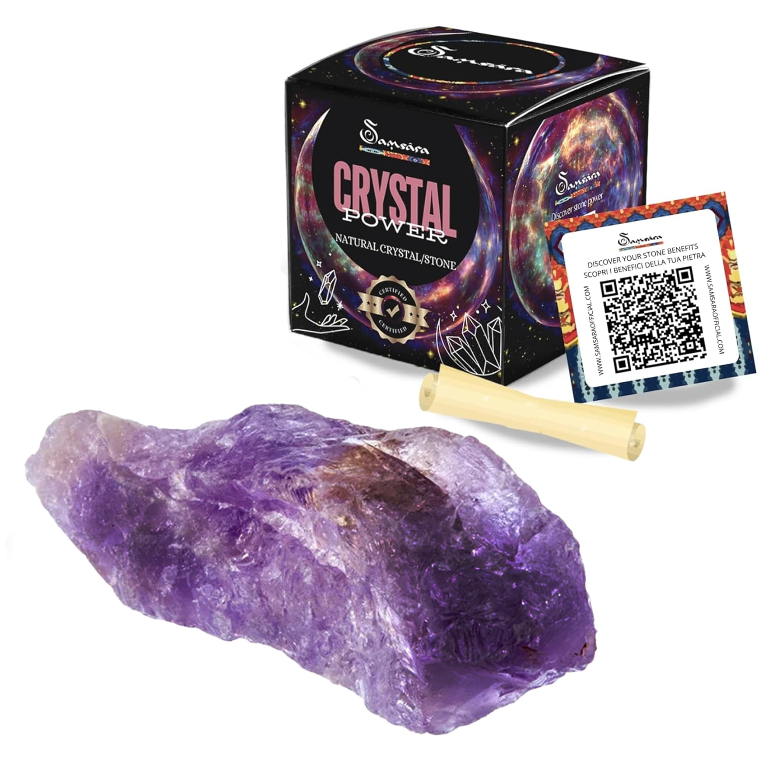 SAMSARA - Pietra Grezza AMETISTA Naturale con Confezione Regalo e Foglietto Informativo | Cristalloterapia, Reiki | Cristallo Energetico Meditazione e Decorazione (Ametista)