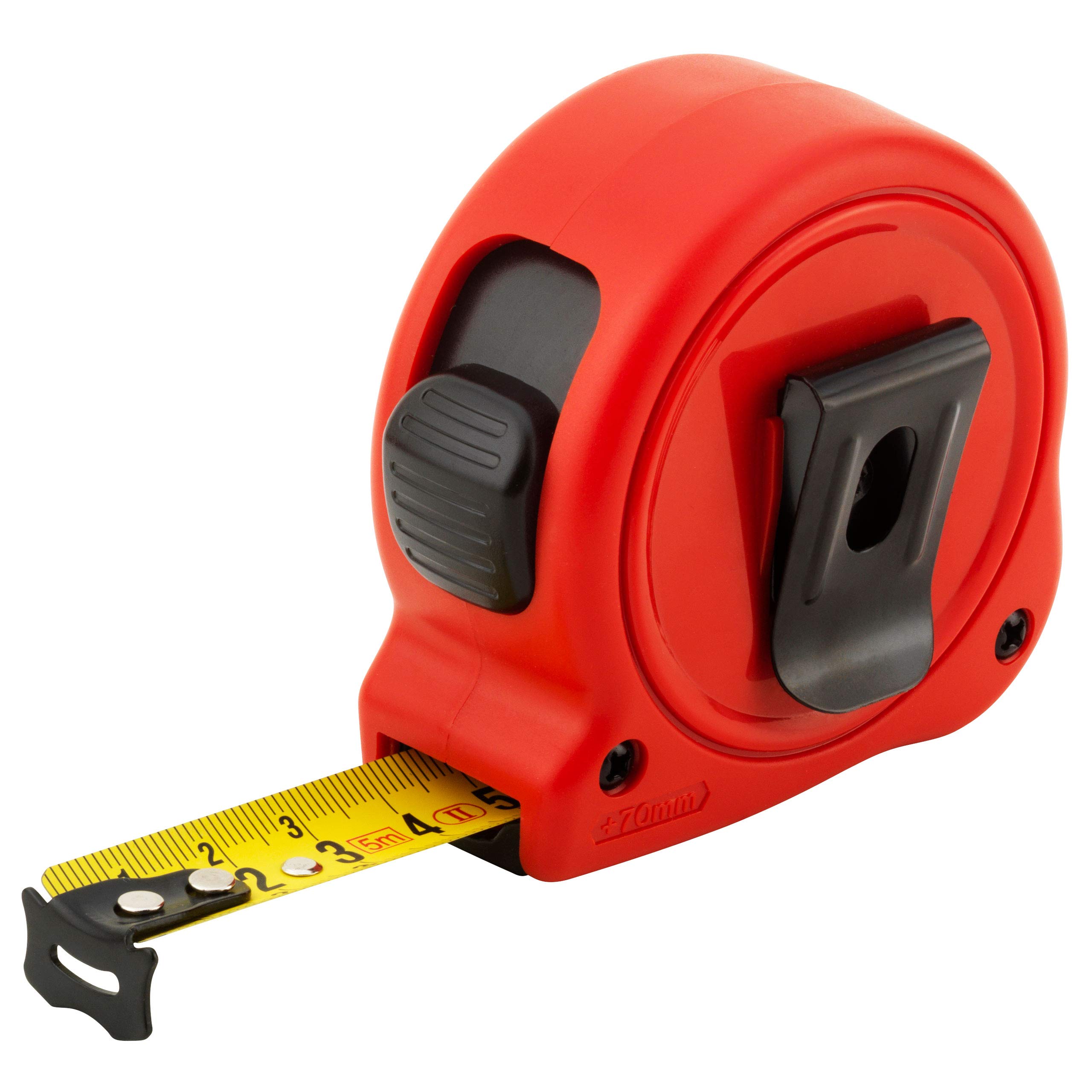 SOLA COMPACT – Metro a nastro 5 m/19 mm – Metro tascabile con clip per cintura – Nastro in acciaio laccato giallo con scala mm – Classe di precisione II – Metro con gancio terminale mobile – Lunghezza