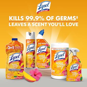 بخاخ منظف Lysol لجميع الأغراض، بخاخ تطهير متعدد الأغراض، منظف المطبخ والحمام، رائحة المانجو والكركديه، 32 Fl Oz
