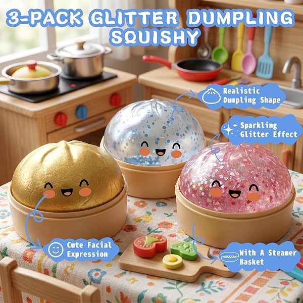 3Pack Glitter Dumpling Squishy, Big Mystery Dumplings Squishies Box, Cute Bao Bun Fidget Real Office Desk Decor, Soft Sensory Squeeze Ball with Steamer for Anxiety Stress Relief, Novelty Surprise Gift - 2