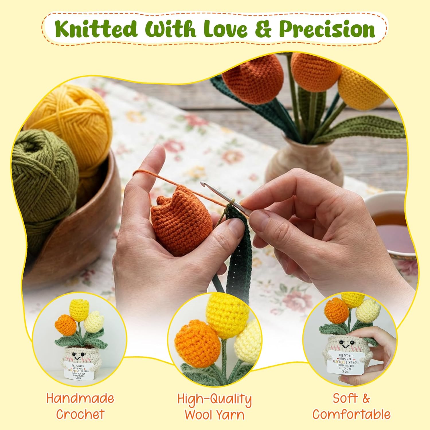 OASSIE Valentines Day Gifts for Teacher Women - Handmade Positive Tulip Crochet Flowers - Thank You Appreciation Birthday Graduation School End of Year Valentine Gifts for Teachers from Student - Image 4