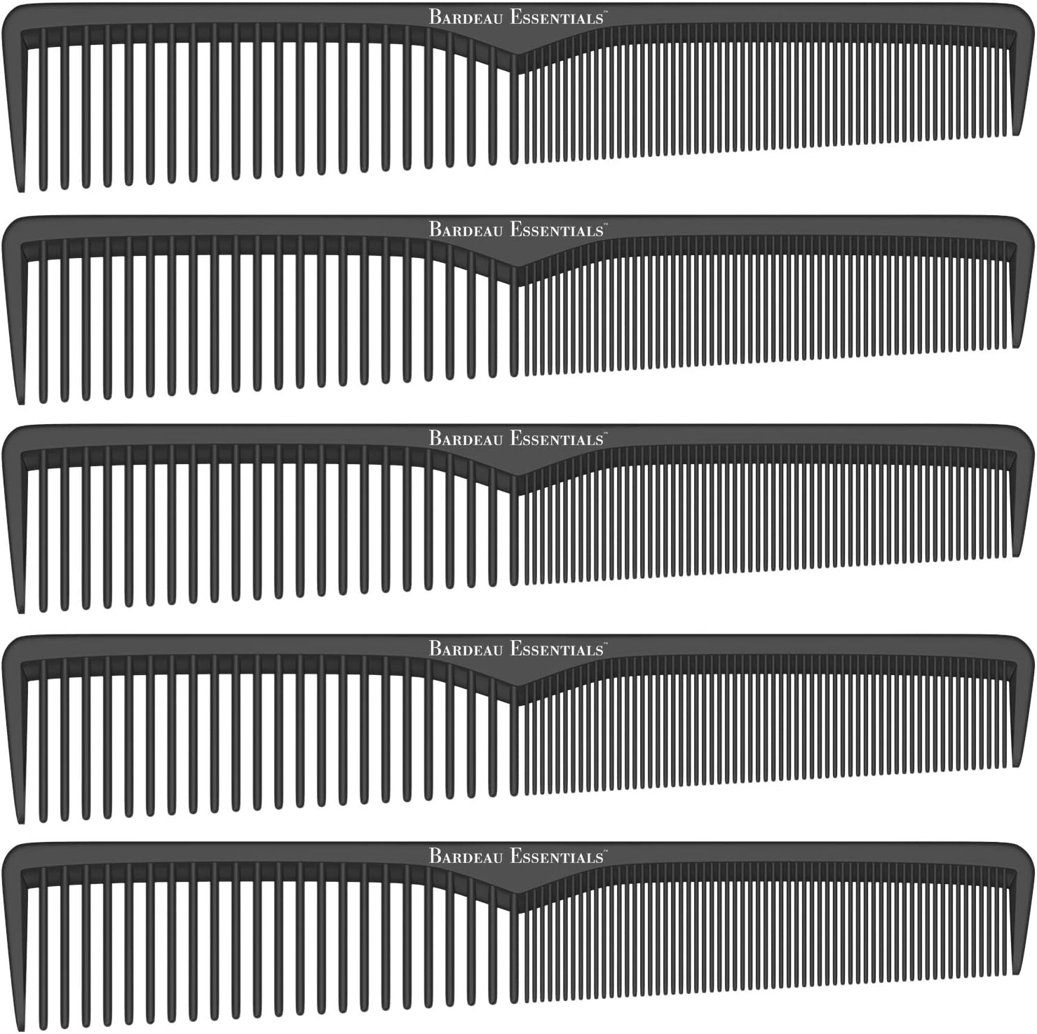 Styling Comb (5 Pack) | Professional 7 Inch Black Carbon Fiber Anti Static Chemical And Heat Resistant Comb For All Hair Types | Fine and Wide Tooth Combs For Men and Women | By Bardeau Essentials