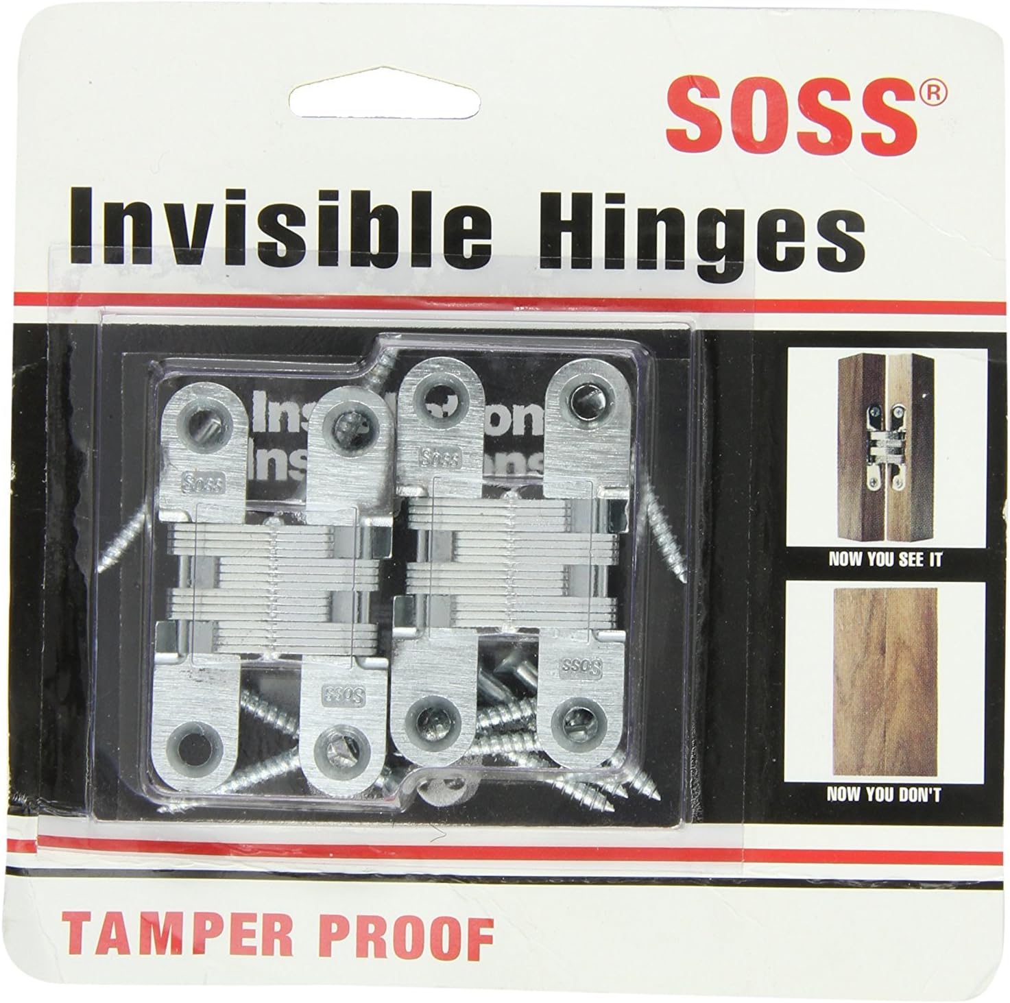 SOSS - 204CUS26D Mortise Mount Invisible Hinges with 4 Holes, Zinc, Satin Chrome Finish, 2-3/8" Leaf Height, 1/2" Leaf Width, 23/32" Leaf Thickness, #7 x 1-1/4" Screw Size (1 Pair)