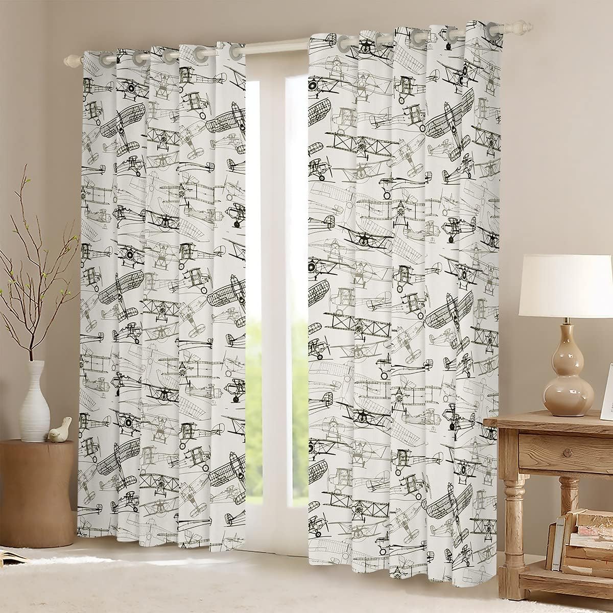 Feelyou Cartoon Flight Darkening Dreapes (2 Panels, 52 x 84 Inch) Kids Airplane Curtains for Bedroom Toddler Aircraft Print 30%-50% Blackout Curtains Travel Decor Blue and White Window Treatments