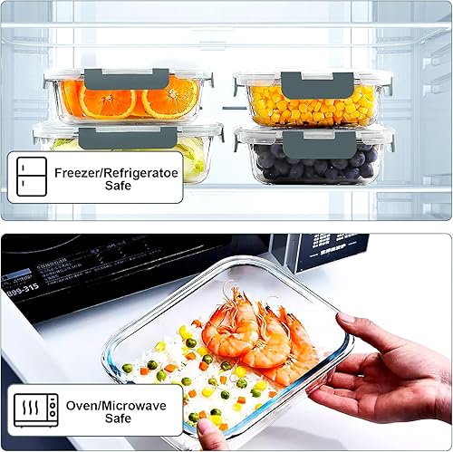 Miniatura 4 de VERONES Paquete de 10 recipientes de vidrio para preparación de comidas, recipientes herméticos de vidrio para el almuerzo, recipientes apilables de