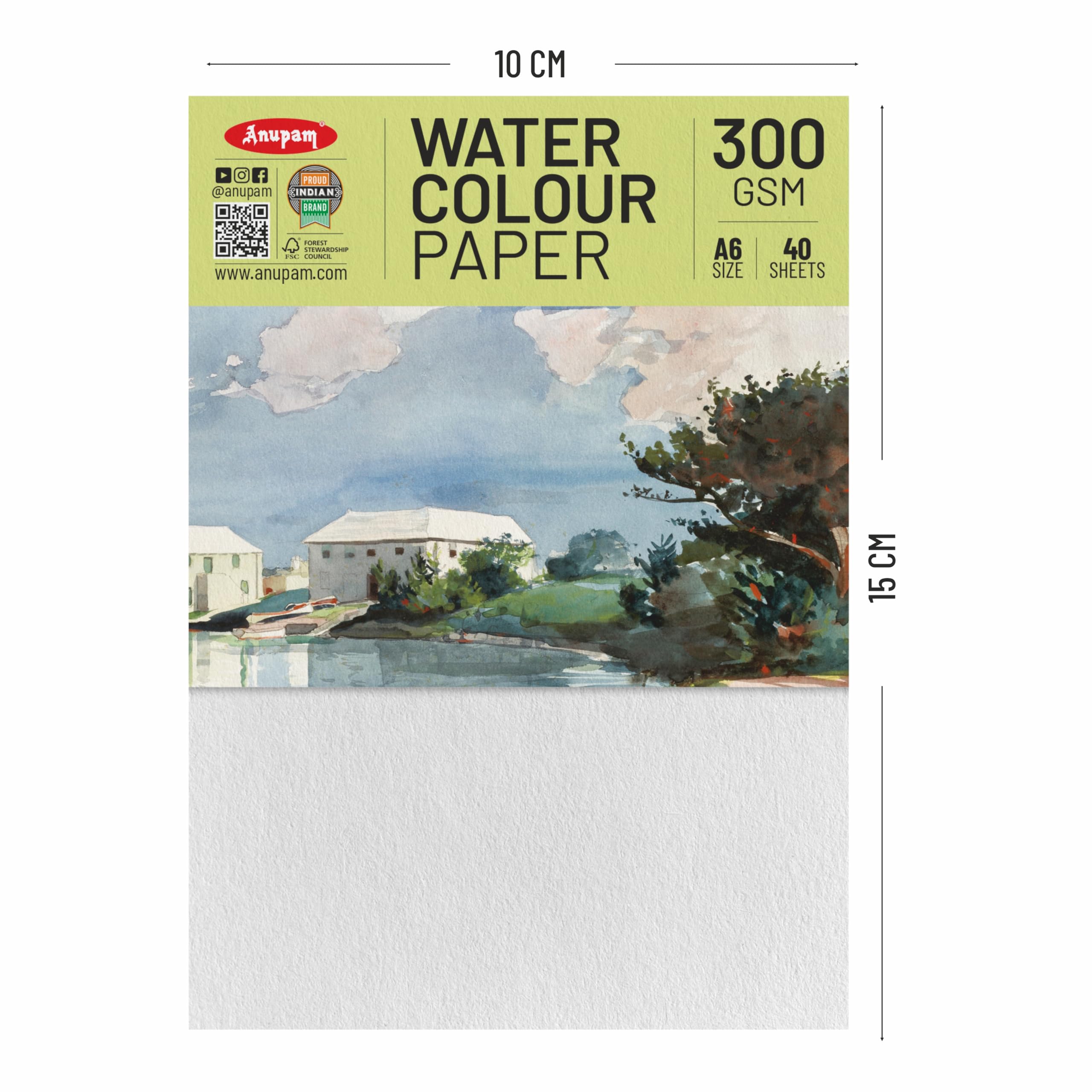 Anupam Aquarellpapier - 300 g/m² - pH-neutral - säurefrei - Kaltpresspapier - 40 Blatt - A6