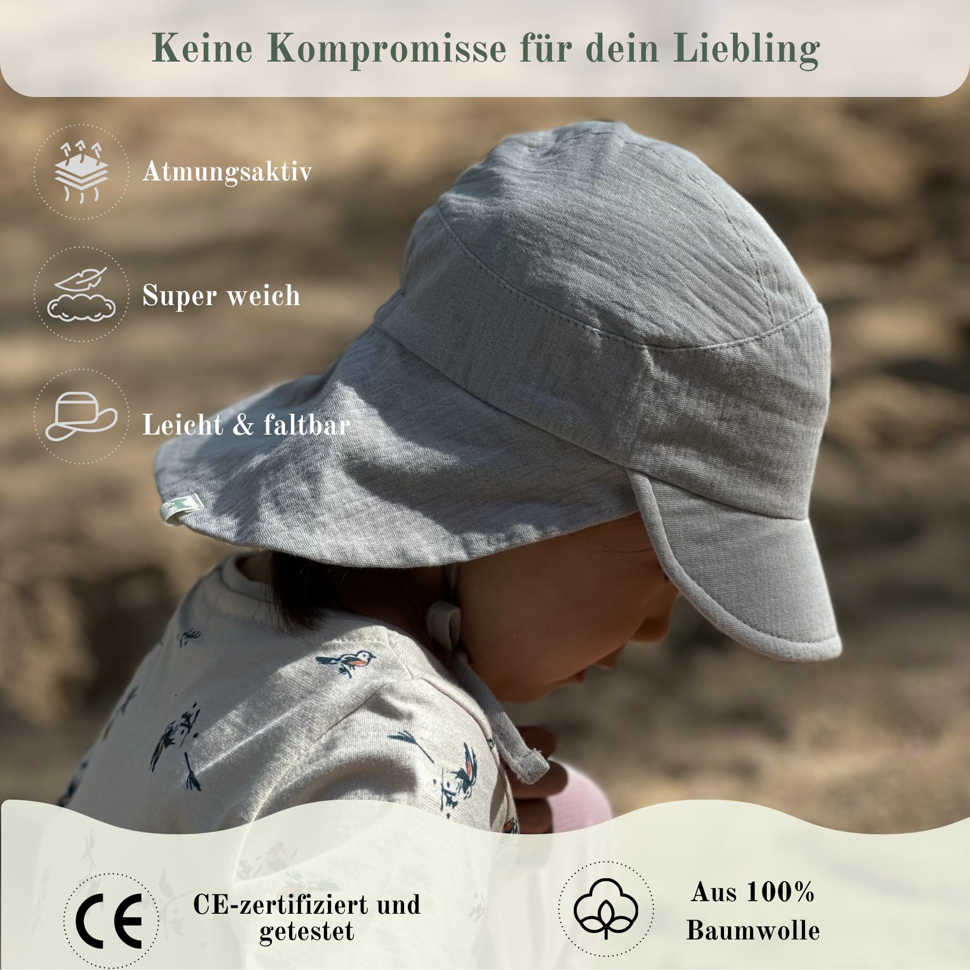 Cappello da sole in mussola con protezione per collo e orecchie, protezione UV (UPF 50+), per neonati e bambini, unisex
