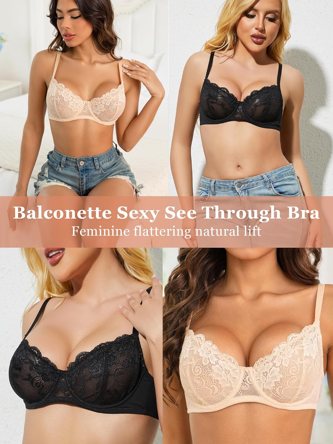 Women's Balconette Lace Bra Sexy Unlined Sheer Bras Demi See Through Underwire Lift Bralette - Image 6