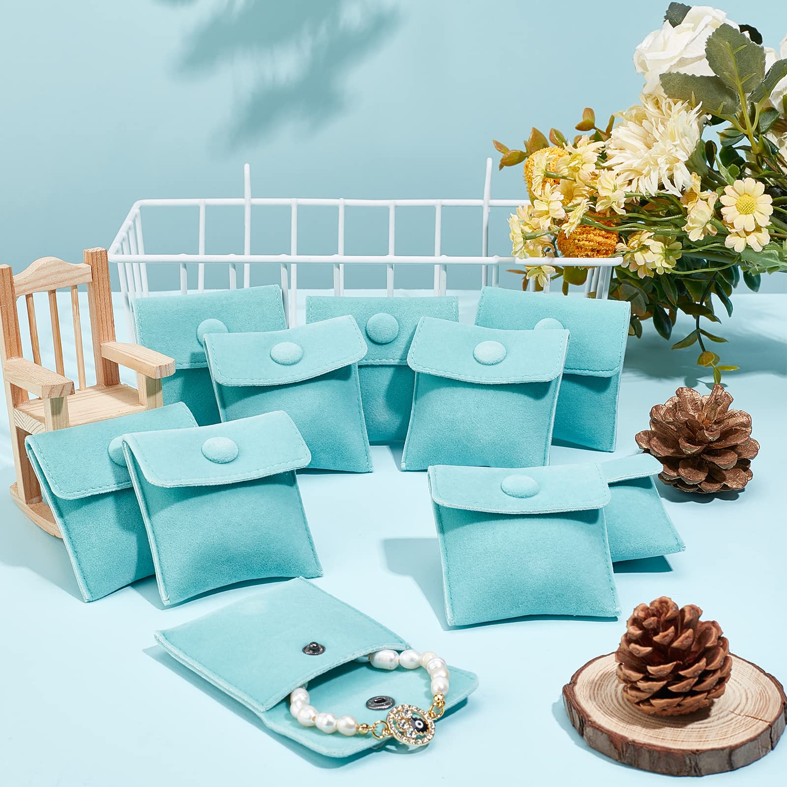 12 Sacchetti Velluto Per Gioielli - 7x7 Cm, Con Bottone A Pressione, Verde - Foto 7