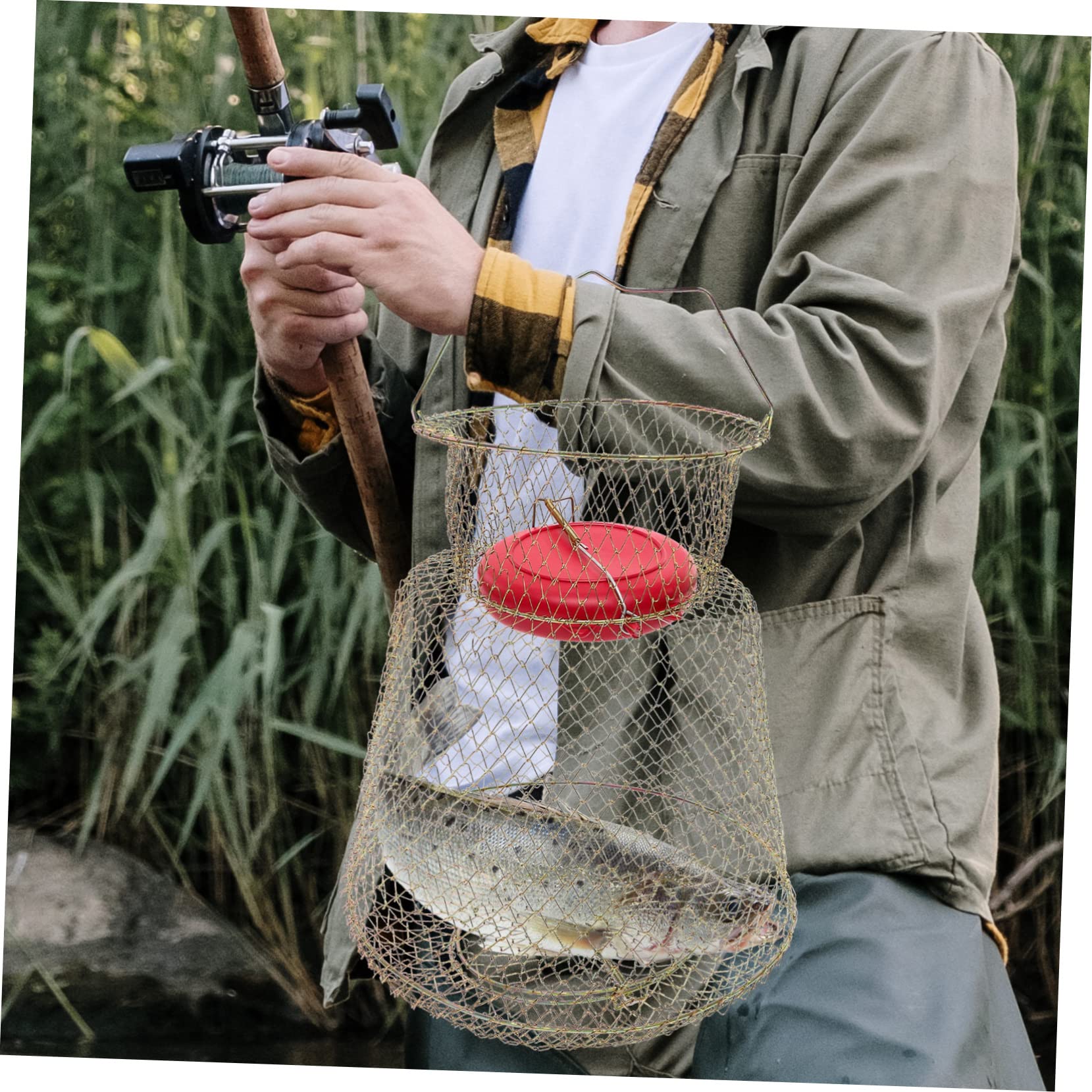 Cestino da Pesca per Pescare e Conservare Pesci in Ferro Resistente All'usura con Ciotola Galleggiante, Nassa Portatile su Terraferma