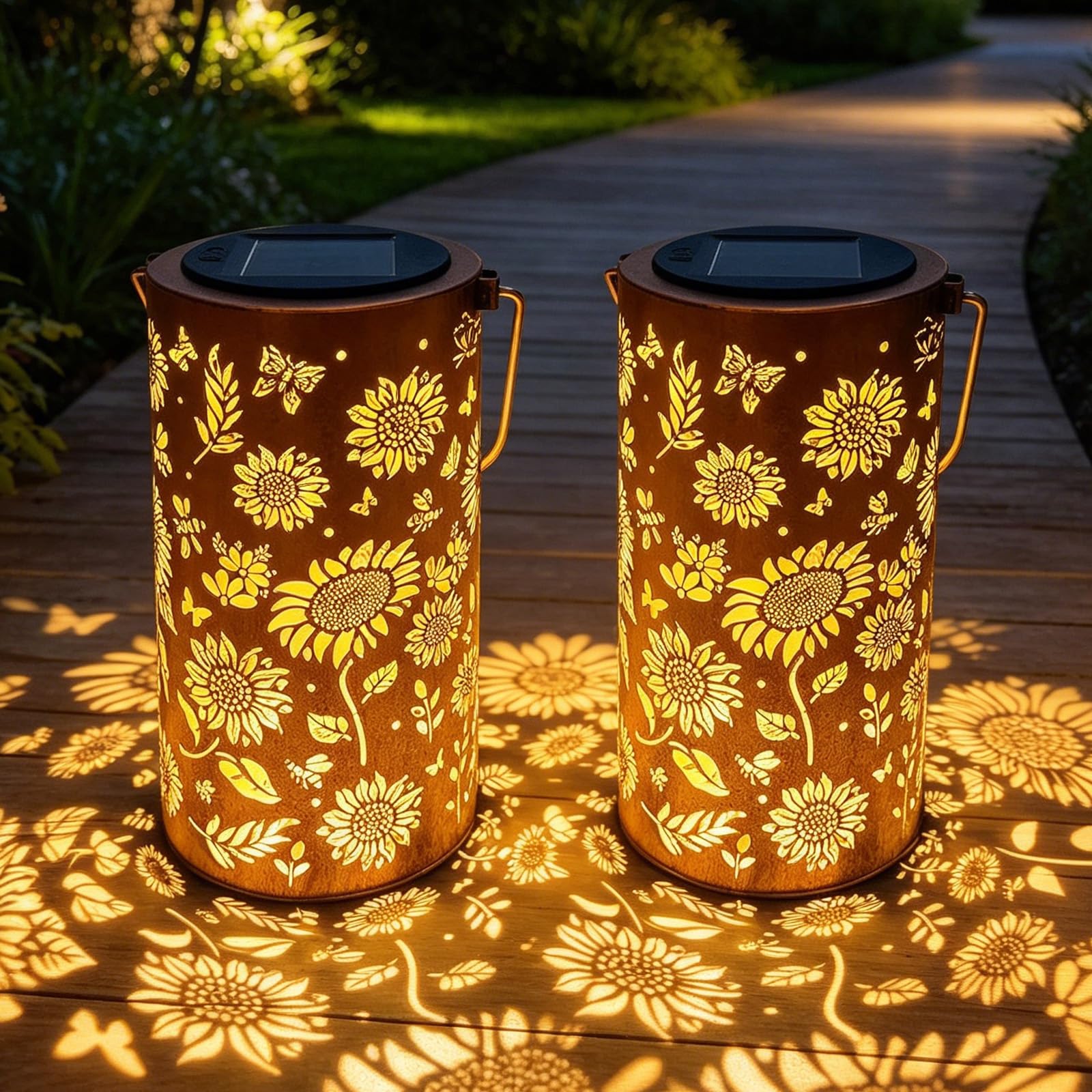 Solar Laternen 2er-Set Außen – Retro-Metall LED Solarleuchten Mit Sonnenblumenmuster, IP65 Wasserdicht – Hängend Oder Stehend Für Garten, Terrasse, Hof & Rasen