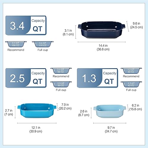 Miniatura 3 de LOVECASA Juego de 3 cacerolas para horno, platos de cerámica para hornear, sartenes rectangulares para lasaña profundas con asas, moldes para