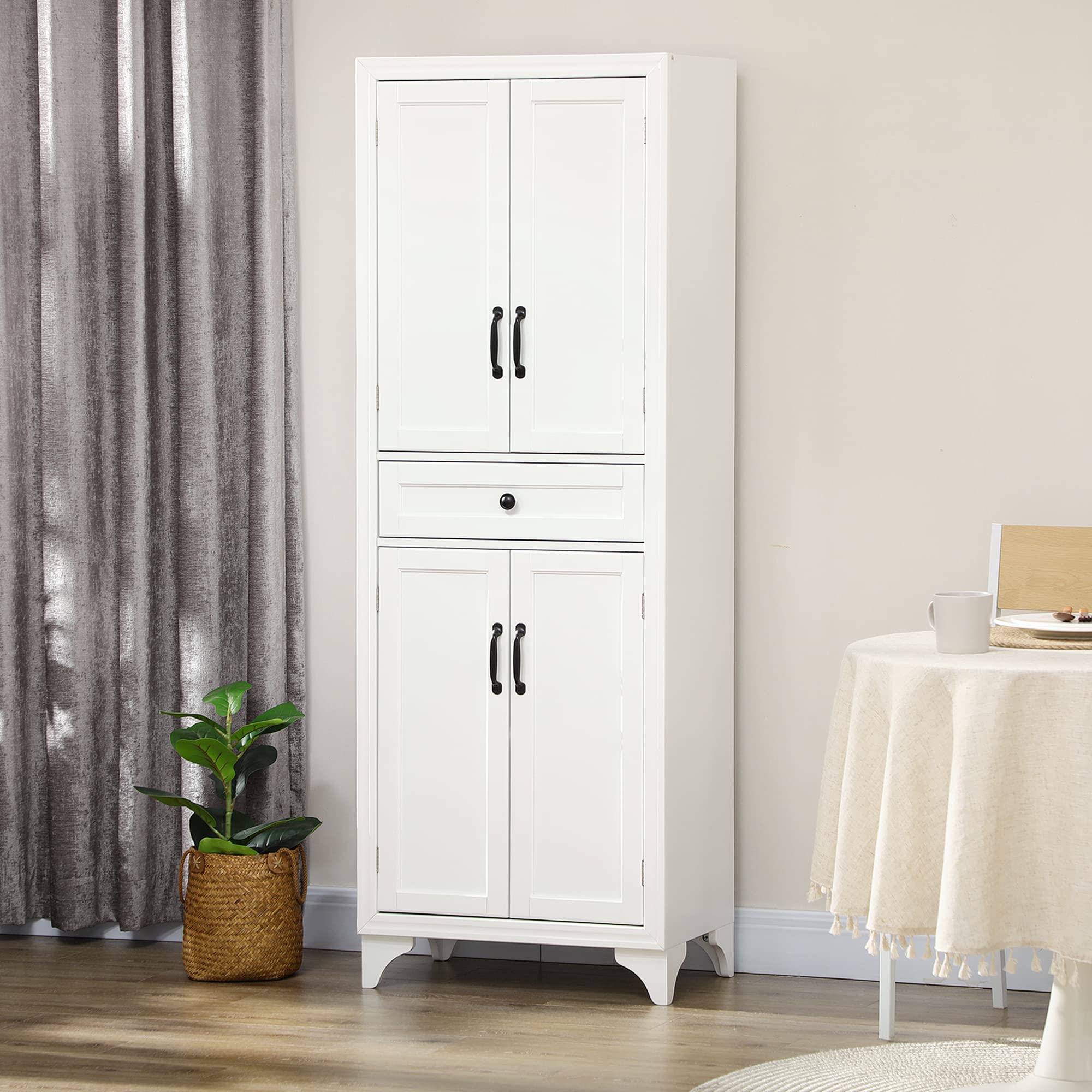 HOMCOM Buffet Haut Armoire de Cuisine 4 Portes 2 placards et 1 tiroir Central Hauteur 170 cm avec étagère réglable - Blanc