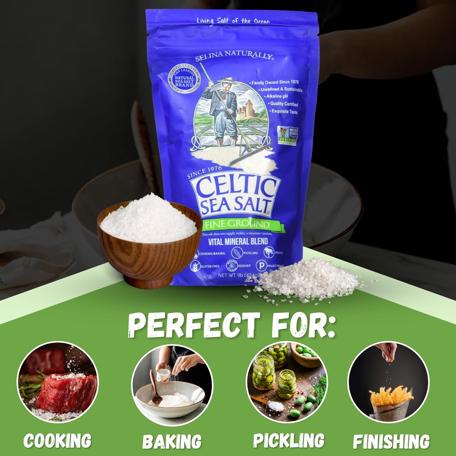 Fine Ground Celtic Sea Salt Bundle. Includes One-16 Oz Bag of Selina Naturally Celtic Sea Salt in a Good For My Home Box. One Lb of Unrefined and Kosher Salt! Fine Celtic Salt in Resealable Bags!