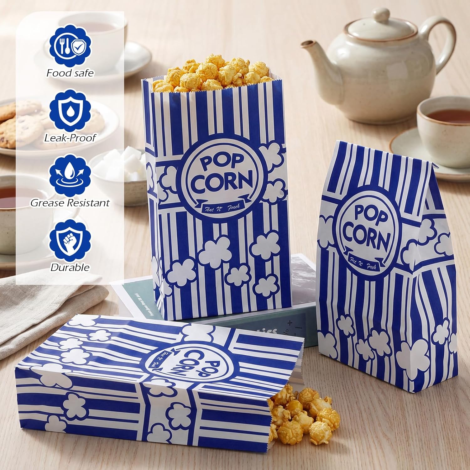 Leinuosen 200 Pcs Paper Popcorn Bags Bulk 2 oz Large Flat Bottom Boxes Disposable Container Sleeve Movie Night Popcorn Bucket for Retro Movie Themed Party Carnival Supplies (Dark Blue)