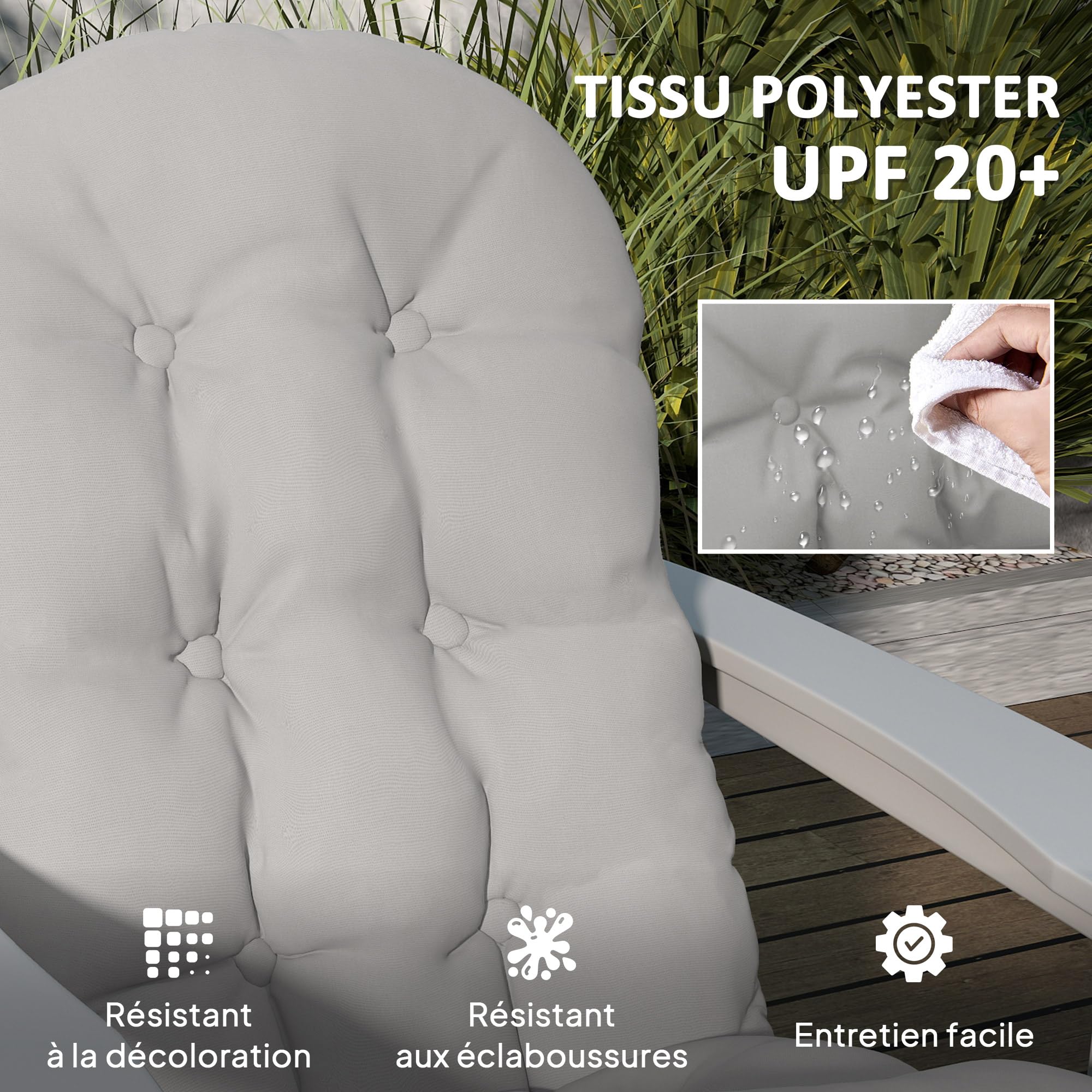 Outsunny Lot de 2 Coussins de Siège pour Chaise Adirondack avec Attaches Sécurisées, Coussin de Chaise Adirondack Design Capitonné, Coussin de Chaise à Aossier Haut Doux et Épais, Gris Clair