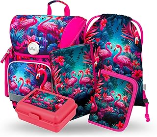 Baagl School Bag Boys Set 5 Pieces Ergo School Bag from 1st Class Ergonomic Primary School Satchel with Chest Strap, Flamingos, School bag set