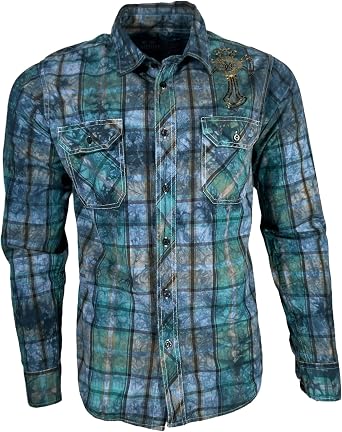 Xtreme Couture by Affliction Men's Long Sleeve Button Down Shirt Gilded Cross, Plaid Pattern with Cross Design