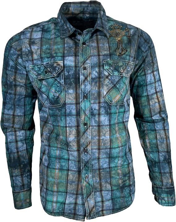 Xtreme Couture by Affliction Men's Long Sleeve Button Down Shirt Gilded Cross, Plaid Pattern with Cross Design