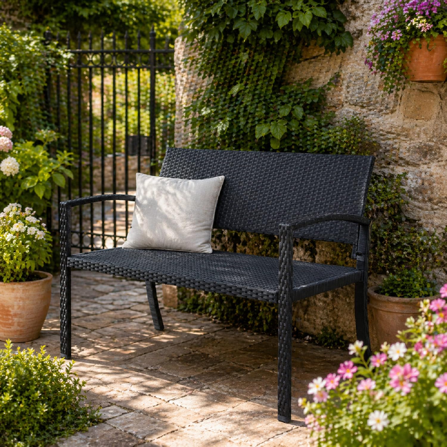 Arreditaly Panchina Da Giardino In Polyrattan Con Braccioli Struttura In Metallo Resistente Fino A 320 Kg Ideale Per Esterno Terrazzo Balcone Design Moderno Effetto Rattan 122 x 58 x 90 Cm Nero