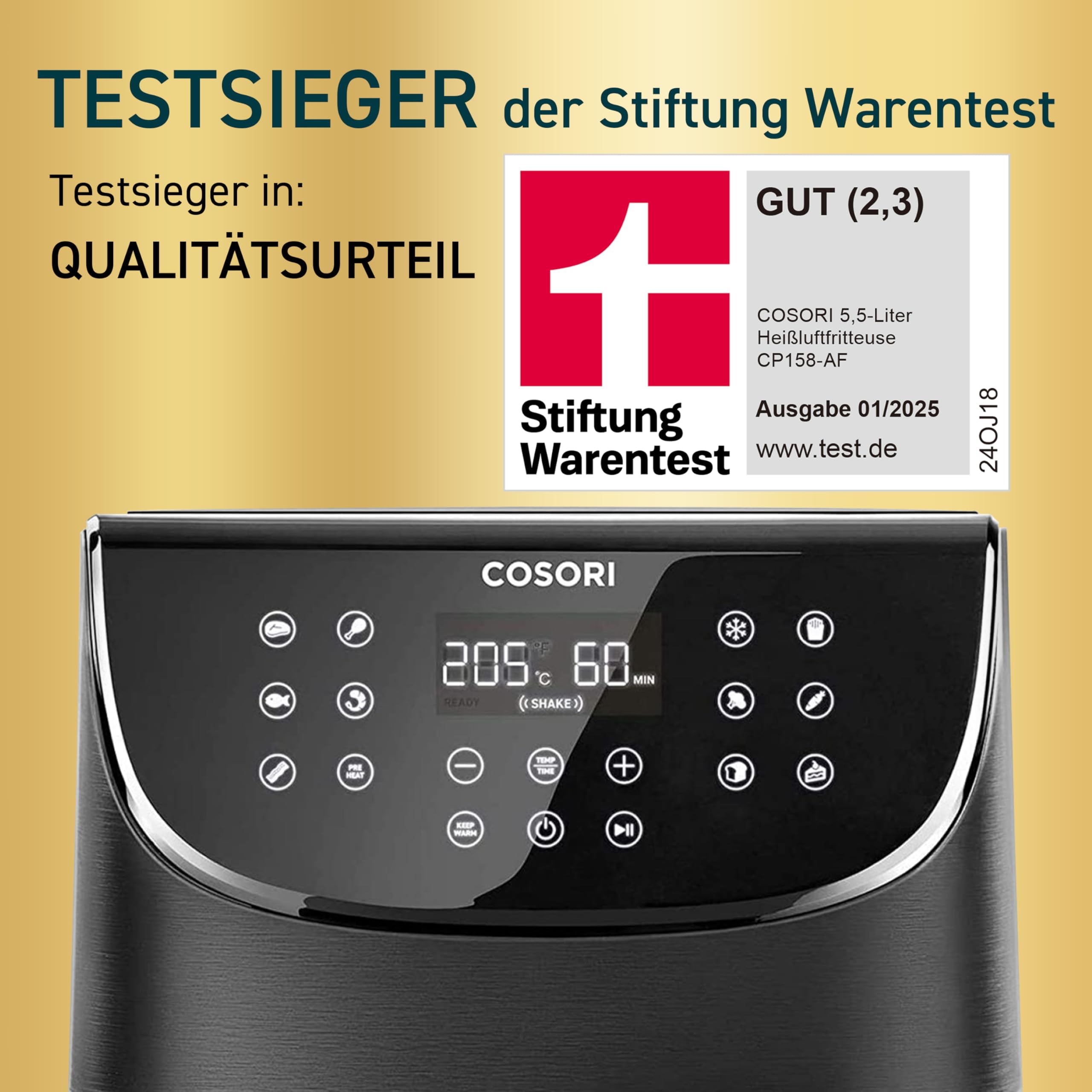 Cosori Airfryer, mit Shake-Reminder, 11-in-1 5,5L Heißluftfritteuse | 97,3 Prozent ölsparend, 67,5 Prozent energiesparend, Schwarz