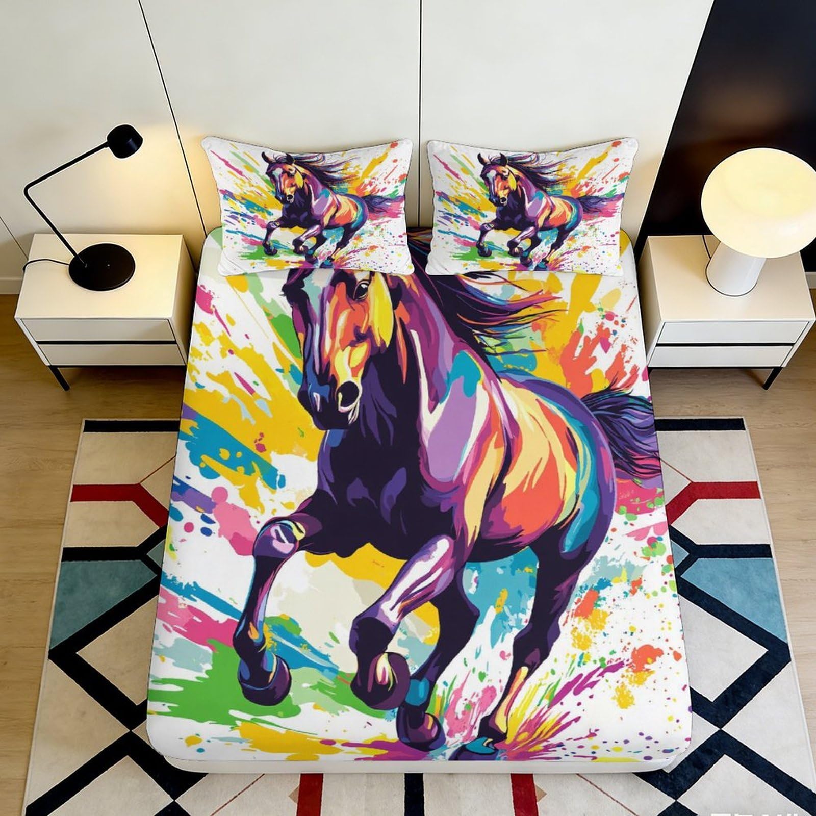 3D Printed Colorful Horse Fitted Sheet Microfiber Artistic Rainbow Bed Sheet Mattress Cover for Bedroom Dorm Decor 90x200x25cm