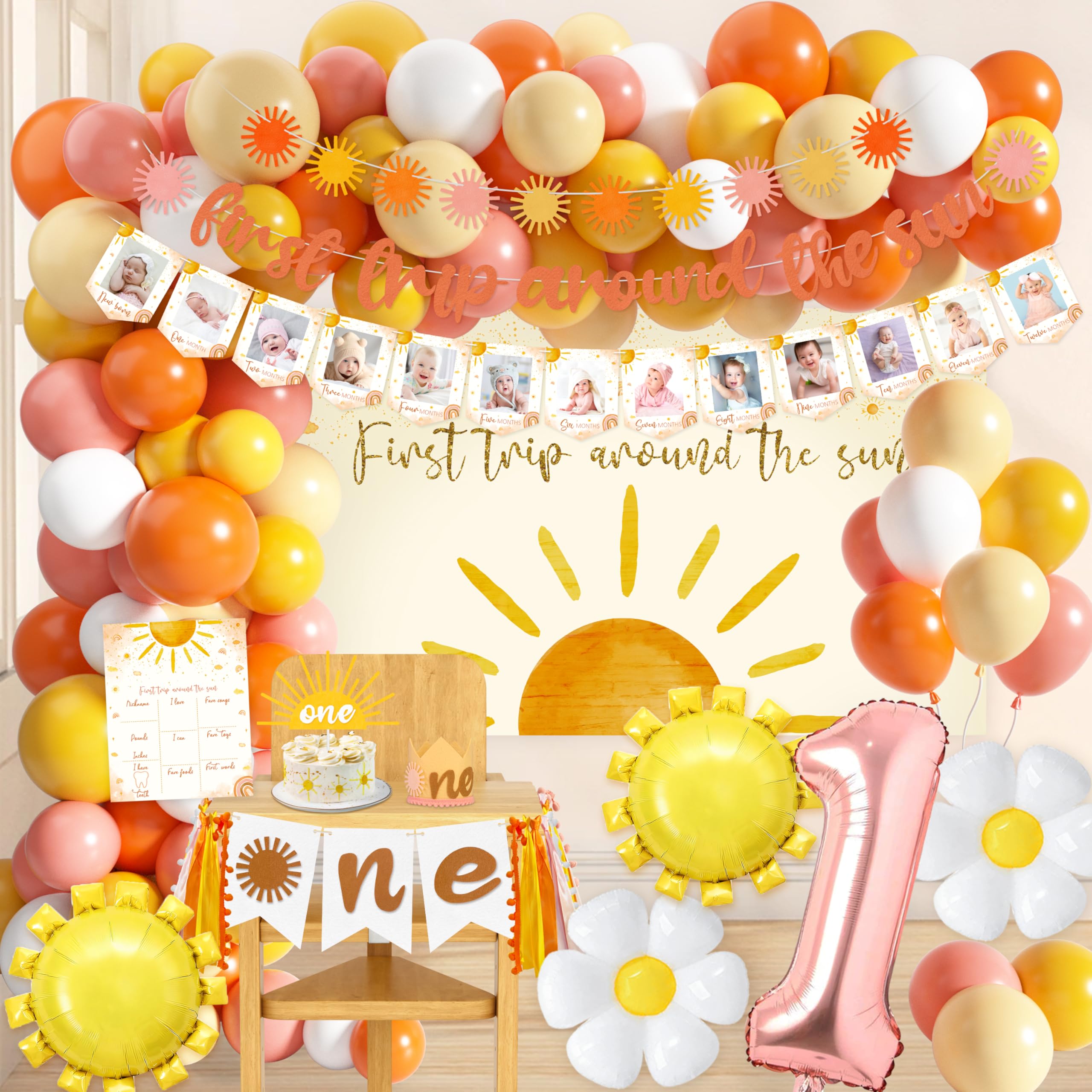 First Trip Around The Sun Birthday Decorations for Girl Boho Sun 1st Birthday Supplies with Backdrop Balloons Garland Monthly Photo Banner for Sun