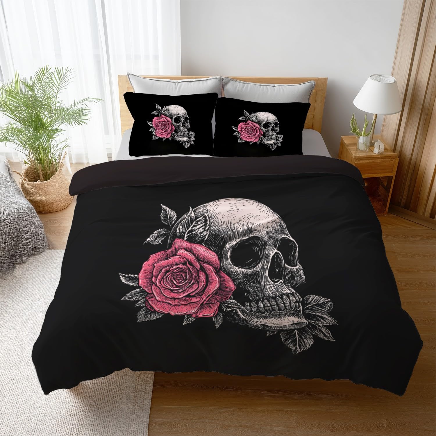 Tajemnicza czarna czaszka kwiatowa 220 x 260 cm łatwa w pielęgnacji poszwa na kołdrę Zestaw pościeli z 2 poszewkami na poduszki Pościel Zestaw do dekoracji sypialni