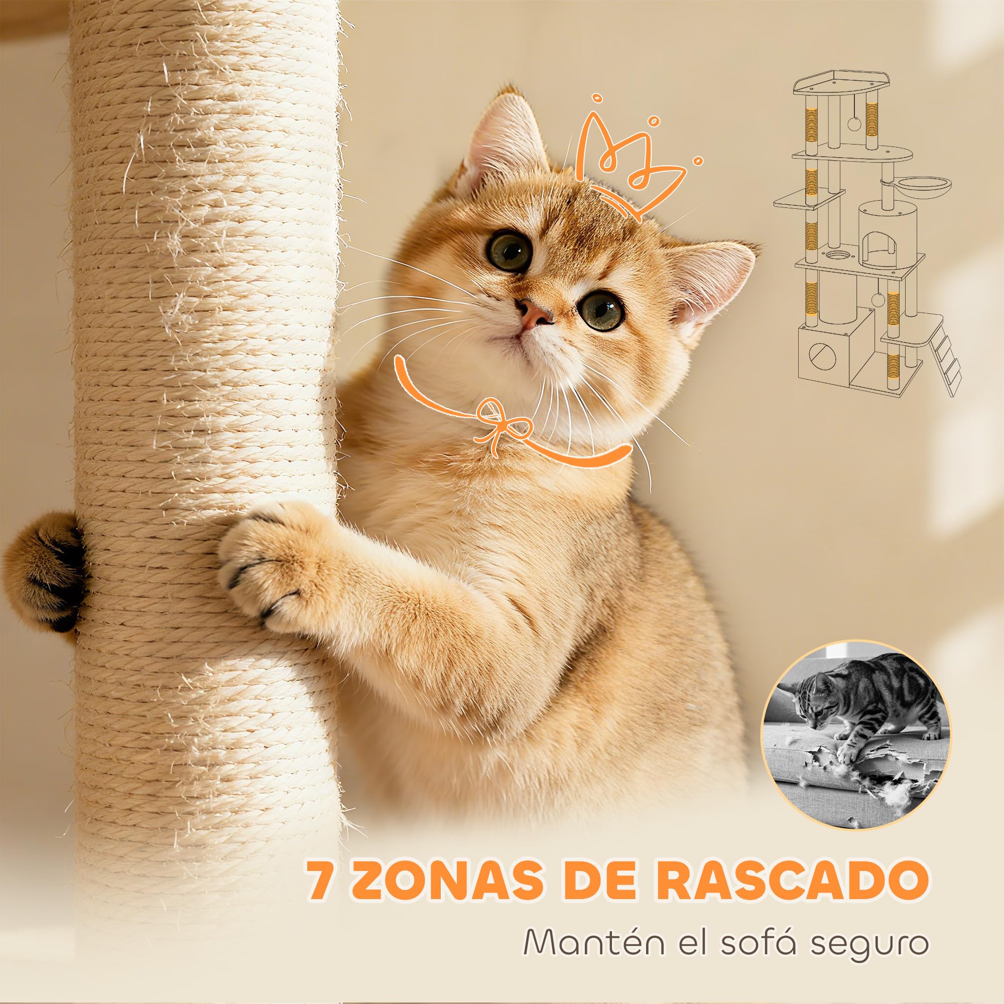 PawHut Árbol Rascador para Gatos Grande Torre de Escalada 170 cm Beige | Árbol para Gatos, 7 Postes, 1 Túnel, 3 Plataformas, 2 Cuevas, 1 Hamaca, 1 Percha, 1 Rampa, Pompones