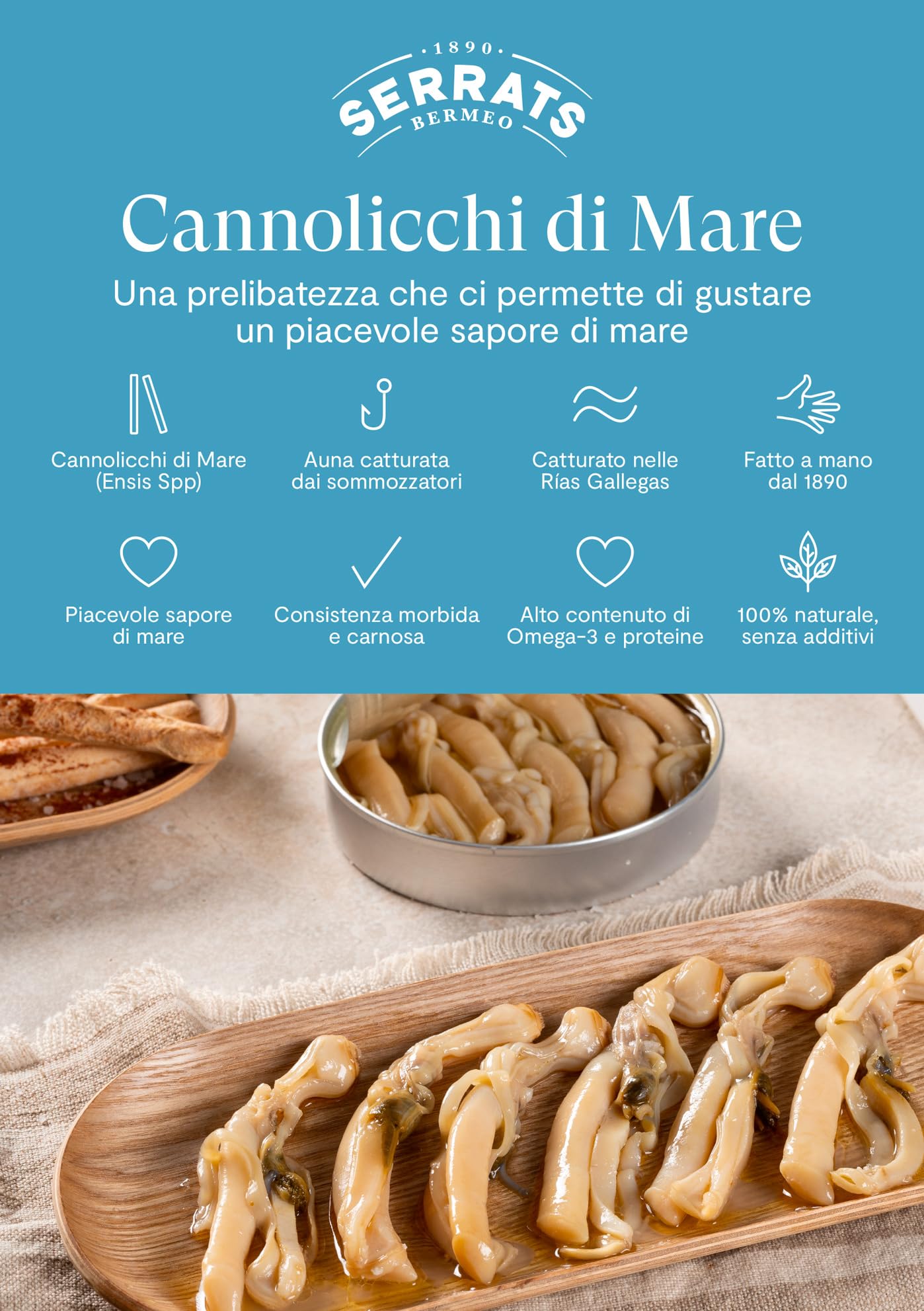 CONSERVAS SERRATS - Cannolicchi delle Rias Galiziane al Naturale - 8 Lattine x 110g (Totale: 880g) - Senza Glutine, Omega 3 - Marisco Gourmet Artigianale Premium (6-8 pezzi/lattina)