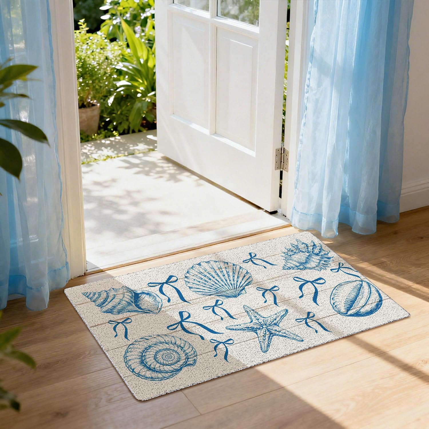 Coastal Blue Beach Door Mat, Coquette Blue Bow Seashell Shell Starfish Nautical Doormat Non-Slip for Porch Indoor Outside Entrance Entryway, Preppy Beachy Welcome Mat Front Door, 17x30 Inch