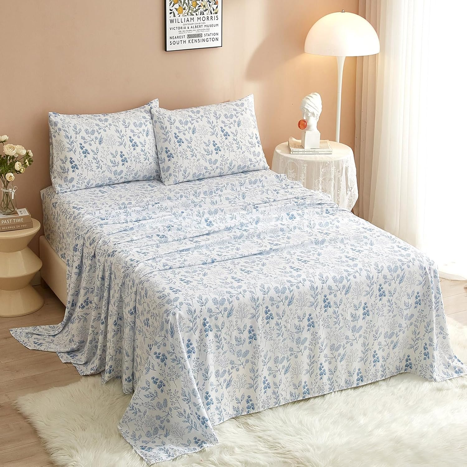 HighBuy 3 Piece Bed Sheets Set Twin Sheets White - Extra Soft Blue Floral Deep Pocket 16" - Luxury Soft Sheet & Pillowcase Set - Wrinkle & Shrink Resistant Cooling Sheet for Twin Size Bed