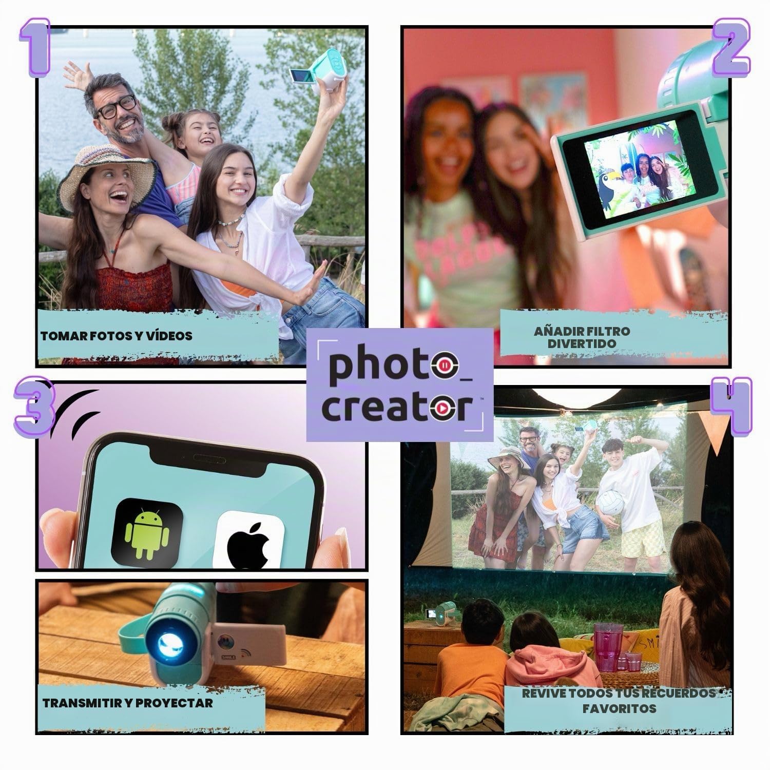 Canal Toys - Creator - Video Cámara Proyector Conectado al Móvil | Video Cámara Conectada, Proyecta la Pantalla de tu Móvil o Dispositivo Conectado, Pantalla Plegable, Pegatinas, Cable USB