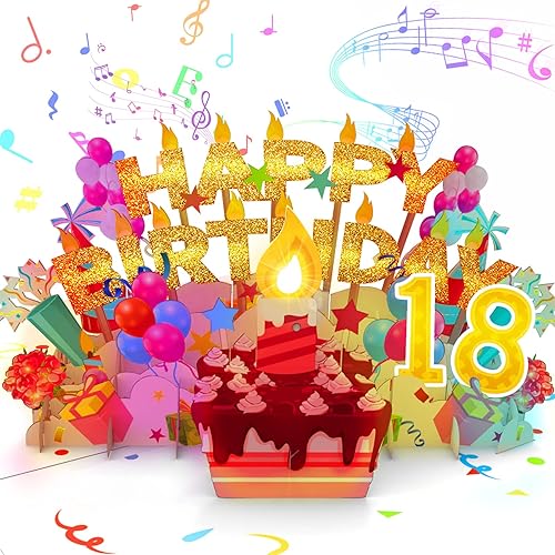 Tarjeta de cumpleaños musical emergente de 18 años con vela ligera y soplable, tarjeta retro 3D de 18 años con canción "HAPPY", efecto de sonido de