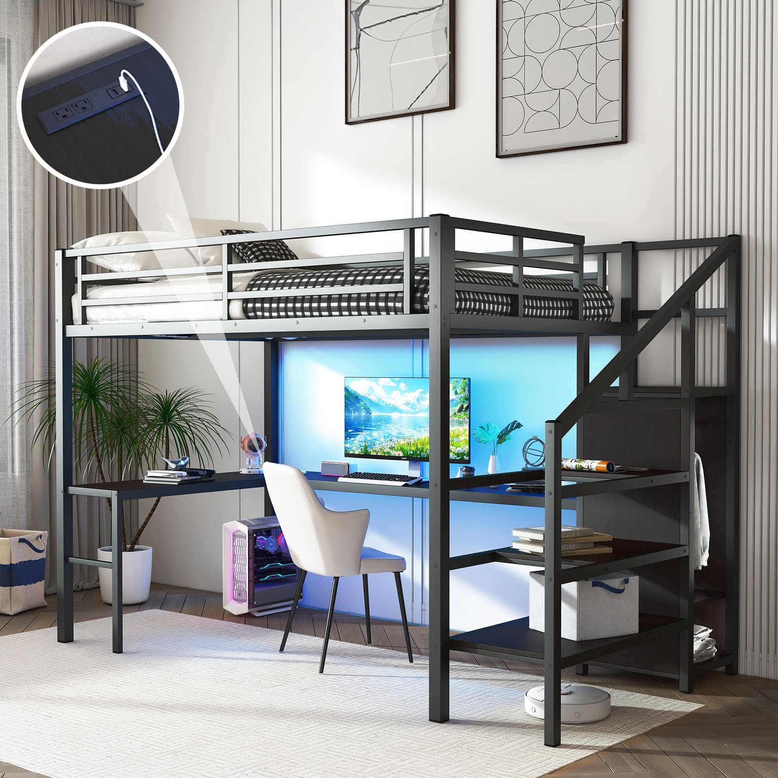 MAKIAAP Full Loft Bed with Desk and Wardrobe